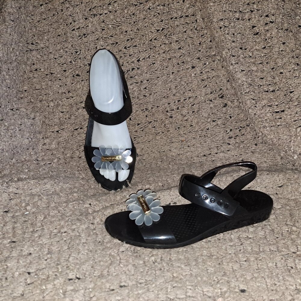 LEMON JELLY-Black Jelly-Daisy Slingback Sandals-Sz 37/7-Near Mint